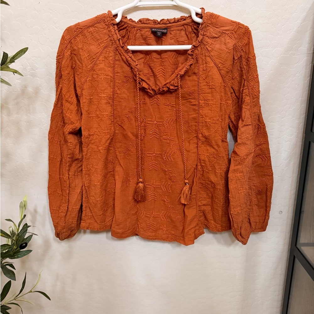 Shyanne Rust Orange Textured Tie-Front Peasant Blouse 100% Cotton